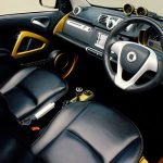 High-quality photo of a luxury car interior featuring leather seats and gold accents.